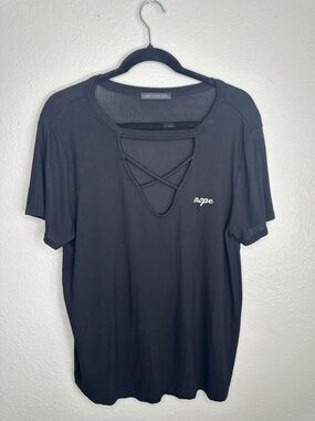 West Coast Love Shirt Womens Large Black Criss Cross Neck Short Sleeve Rope Tee